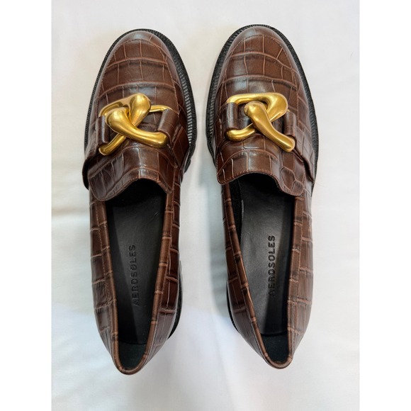 AEROSOLES Shoes - Aerosoles Lilia Brown Croc Embossed Leather Lug Sole Chain Loafers Womens 9